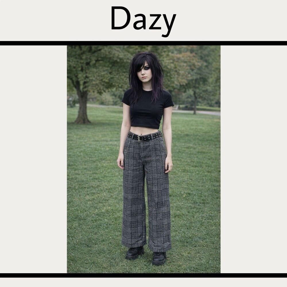 Dazy Plaid Wide Leg Pants High Rise Black Gray Medium (fits Like XS/S) NWT